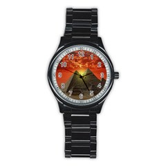 Pyramids Egypt Monument Landmark Sunrise Sunset Egyptian Stainless Steel Round Watch
