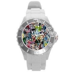 Vintage Horror Collage Pattern Round Plastic Sport Watch (l)