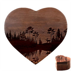 Summer Lake Forest Sunset Deer Water Heart Wood Jewelry Box