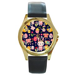 Bunny - Easter Pattern Round Gold Metal Watch