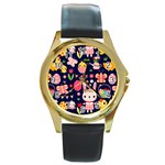 Bunny - Easter Pattern Round Gold Metal Watch Front