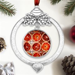 Peorange, Fruit, Citrus Metal Silver X mas Leaves Round Ornament