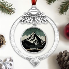 Mountains Metal Silver X mas Leaves Round Ornament