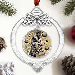 Thinker Sculpture Design Geometric Metal Silver X mas Leaves Round Ornament