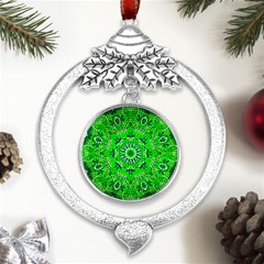 Mandala Flowers   Metal Silver X mas Leaves Round Ornament