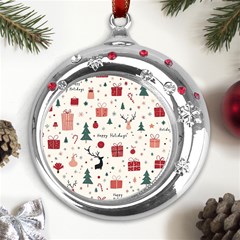 Happy Holiday Xmas Christmas Pattern Metal Snowflake Red Crystal Round Ornament