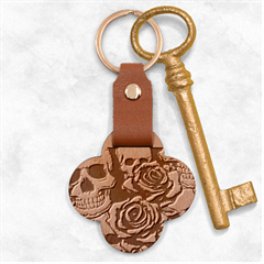 Roses And Skulls Engraved Wood Key Chain