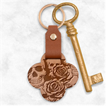 Roses and Skulls Engraved Wood Key Chain Front