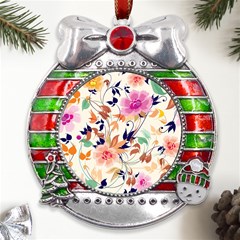 Abstract Floral Background Metal X mas Ribbon With Red Crystal Round Ornament
