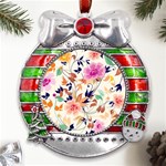 Abstract Floral Background Metal X Mas Ribbon With Red Crystal Round Ornament Front