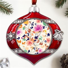 Abstract Floral Background Metal Snowflake And Bell Red Ornament