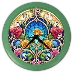 Roses Floral Stained Glass Vibrant Color Wall Clock