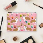 Corgi Bubble Boba Tea Pink Pattern Cosmetic Bag (Medium) Front