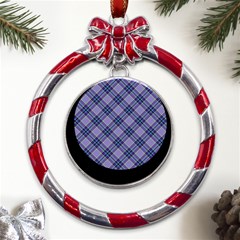 Purple Plaid Tartan 1 Diagonal Metal Red Ribbon Round Ornament