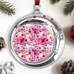 Pattern Seamless Texture Daisies Metal Snowflake Red Crystal Round Ornament Front