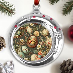 Charming Seamless Pattern Vintage Easter Floral Motif Metal Snowflake Red Crystal Round Ornament