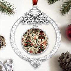 Christmas Tree Snow Metal Silver X mas Leaves Round Ornament