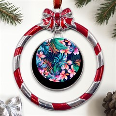 Hawaiian Flowers Hawaii Metal Red Ribbon Round Ornament