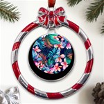 Hawaiian Flowers Hawaii Metal Red Ribbon Round Ornament Front