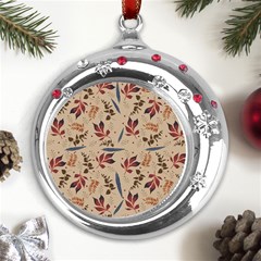 Leaves Pattern Teal Seamless Fall Metal Snowflake Red Crystal Round Ornament