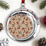 Leaves Pattern Teal Seamless Fall Metal Snowflake Red Crystal Round Ornament Front