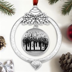 Piano Sounds Metal Silver X mas Leaves Round Ornament