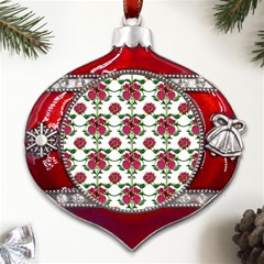 Retro 1880s Flowers Pattern 2 Metal Snowflake And Bell Red Ornament