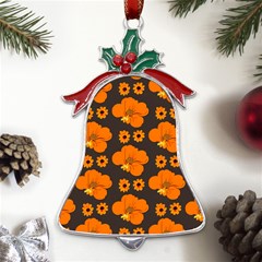 Retro 40s 50s Flowers Pattern Halloween 2 Metal Holly Leaf Bell Ornament
