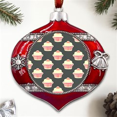 Retro 40s 50s Cupcake Pattern 4 Metal Snowflake And Bell Red Ornament