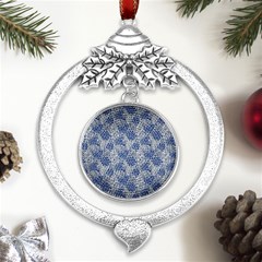 Blue Roses Metal Silver X mas Leaves Round Ornament