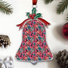 Red Flowers 2 Metal Holly Leaf Bell Ornament