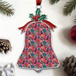 Red Flowers 2 Metal Holly Leaf Bell Ornament Front