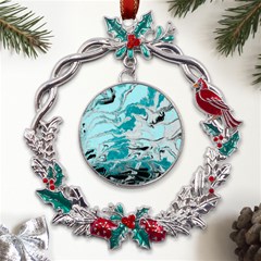 Fluid Turquoise Metal X mas Wreath Holly Leaf Ornament