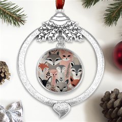 Fox Metal Silver X mas Leaves Round Ornament