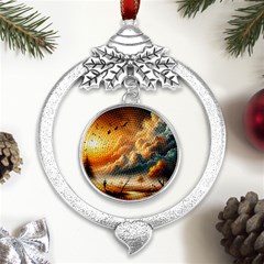 Nature Storm Painting Metal Silver X mas Leaves Round Ornament