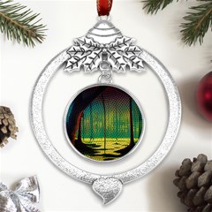 Nature Swamp Water Sunset Spooky Night Reflections Bayou Lake Metal Silver X mas Leaves Round Ornament