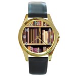 Books Bookshelves Office Fantasy Background Artwork Book Cover Apothecary Book Nook Literature Libra Round Gold Metal Watch Front