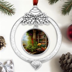 Room Interior Library Books Bookshelves Reading Literature Study Fiction Old Manor Book Nook Reading Metal Silver X mas Leaves Round Ornament