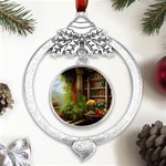 Room Interior Library Books Bookshelves Reading Literature Study Fiction Old Manor Book Nook Reading Metal Silver X mas Leaves Round Ornament Front