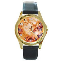 Burnt Paper Texture Print Design Round Gold Metal Watch